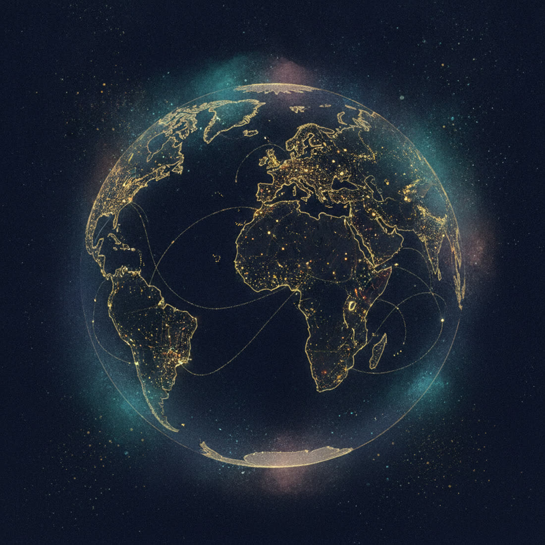 A glowing globe of the Earth at night, dotted with points of light
